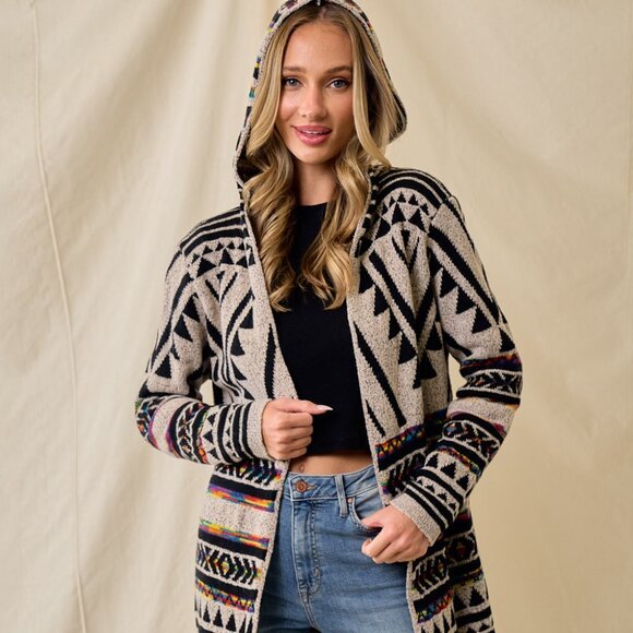 new ON BLUE SWEATER CARDIGAN WRAP boho western AZTEC TRIBAL TAUPE jacquard SM-3X - Picture 3 of 12